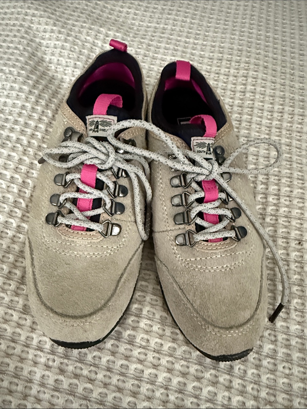 Women’s Barbour tan sneakers with pink accents in size 7.5